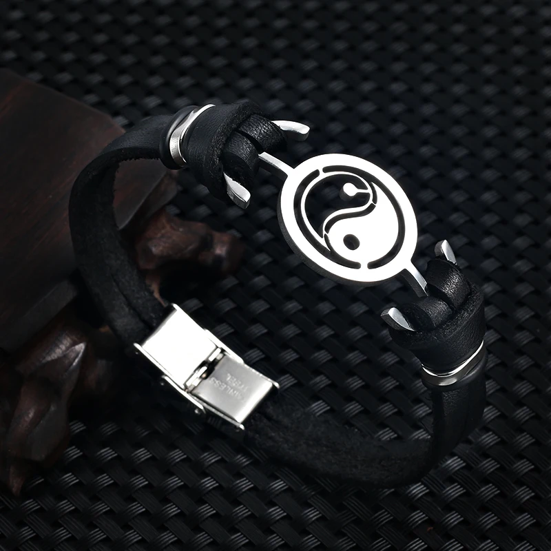 Bracelet Jewelry Trend Jewelry Stainless Steel Tai Chi Yin Yang Fish Leather Bracelet Double Cuff Men's Bracelet Pulsera Hombre