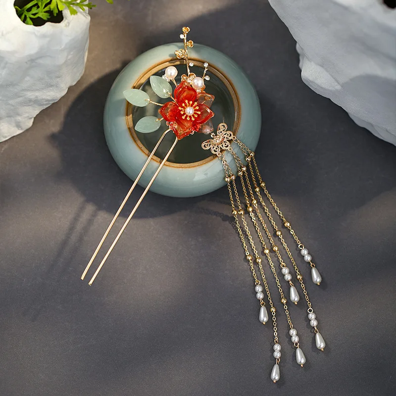 Chinese Hair Sticks Vintage Hair Accessories Flower Long Tassel Hairpin Chopstick Ancient Jewelry Lady Custome Headdress hair accessory,hair stick,hair headdress,jewelry accessories