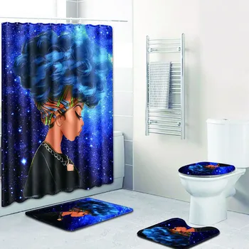 

4PCS Sea Style Non Slip Toilet Set Polyester African girl pattern Pedestal Rug + Lid Toilet Cover + Bath Mat+Shower curtain