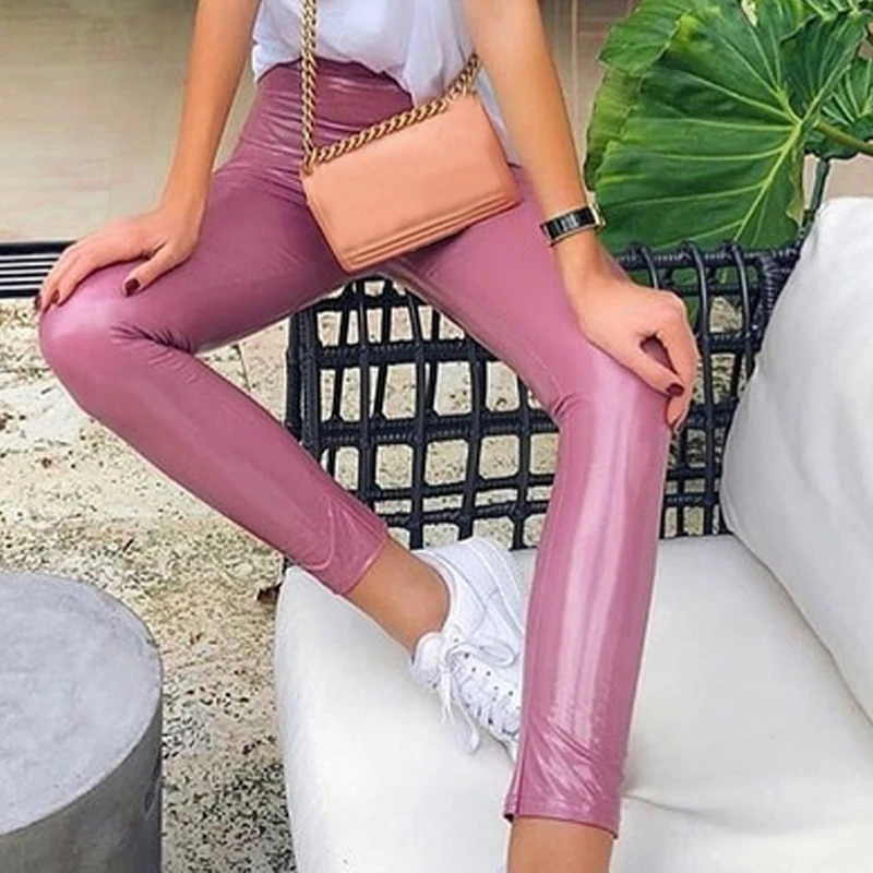 pink Модные штаны из искусственной кожи с высокой талией, обтягивающие леггинсы для женщин из искусственной кожи, обтягивающие брюки-карандаш, женские леггинсы - Цвет: pink