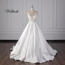 Реальное изображение, Wellbirth Vestido de novia, v-образный вырез, атласное, расшитое бисером свадебное платье, открытая спина, рукав-крылышко, свадебное платье JS015