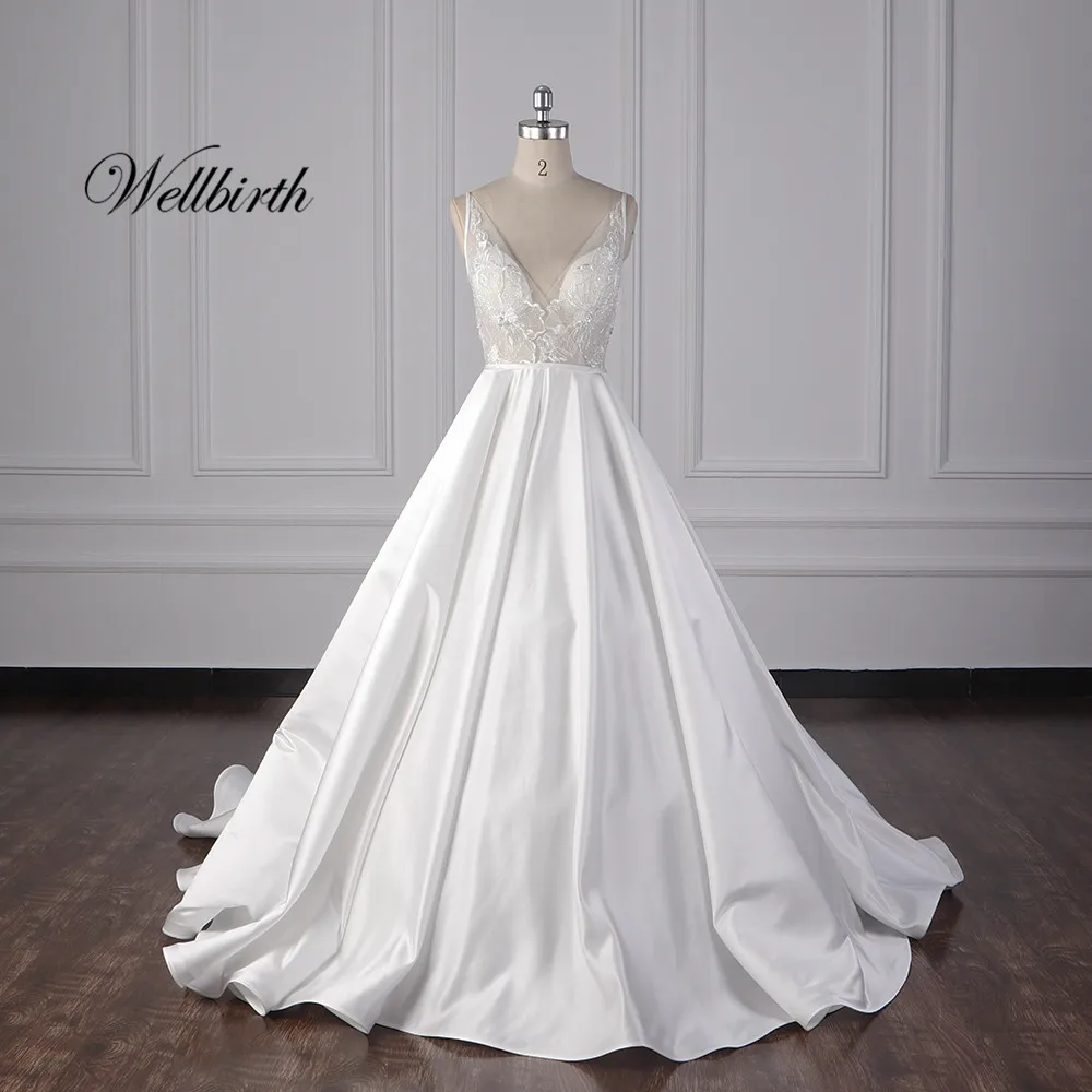 100% реальное изображение Wellbirth Vestido de novia v образный вырез атласное расшитое