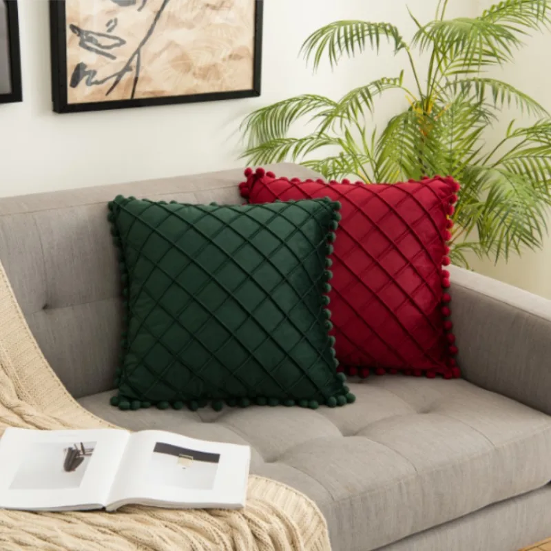Inyahome Velvet Pillowcase Cover with Pompom Ball Blue Green Cushion Cover Bedroom Sofa Decoration Pillow Cases 35x50cm/50x50cm 1