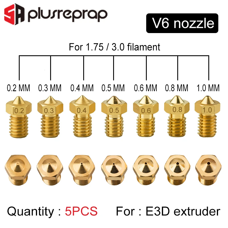 3D Printer V6 M6 thread Nozzle 0.2 0.25 0.3 0.4 0.5 0.6 0.8 1.0mm for 1.75mm lot