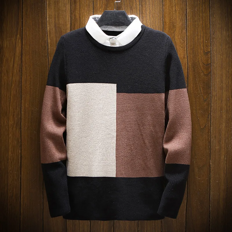 Mens Sweaters 2019 Winter New Fashion Fake Two Casual Sweater Men's Youth Long Sleeve Sweaters Men Clothing