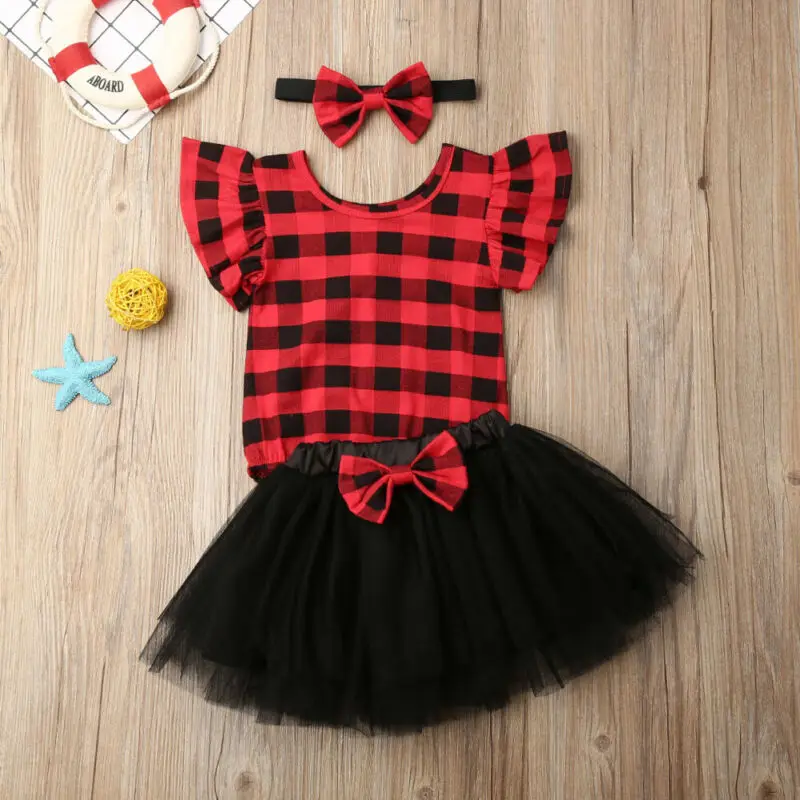 

Pudcoco Autumn My 1st Christmas Dress Baby kids Girl Clothes Plaid Romper+Tulle Dress+Headband 3PCS Outfit