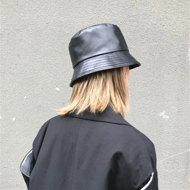 Winter Autumn Solid Black Soft PU Leather Bucket Cap Retro Lady Panama Hat Outdoor Sunscreen Women Sun Hats frog bucket hat