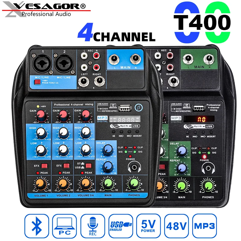 

Audio Mixer DJ USB Mixer T400 4CH Recording PC Auido Interface Bluetooth 48V Phantom Power DC5V Monitor SoundCard Mixing Console