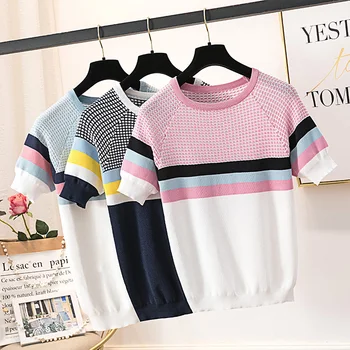

Sweater Women Plus Size Knitted O-neck Regular Patchwork Striped Short Thin Summer Female Pullovers Sweaters Mujer