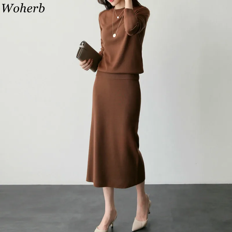 

Woherb Autumn Spring Women Elegant Sweater Pullover + Midi Skirt 2 Piece Set 2020 Knitted Slim Sweater Suits Two Piece Outfits