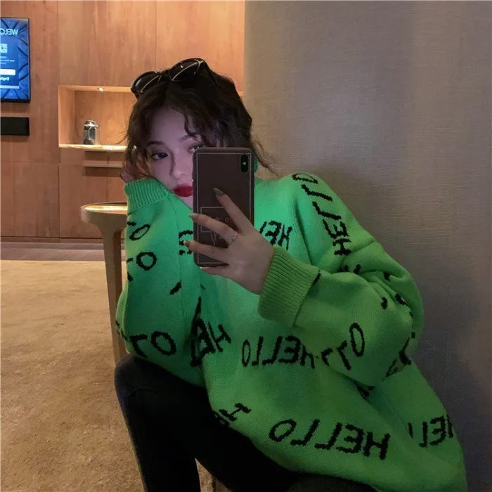 PPSHD Letters All-Match Loose Contrast Color Ulzzng Knitted Letter Printing Sweater Long Sleeve | Женская одежда