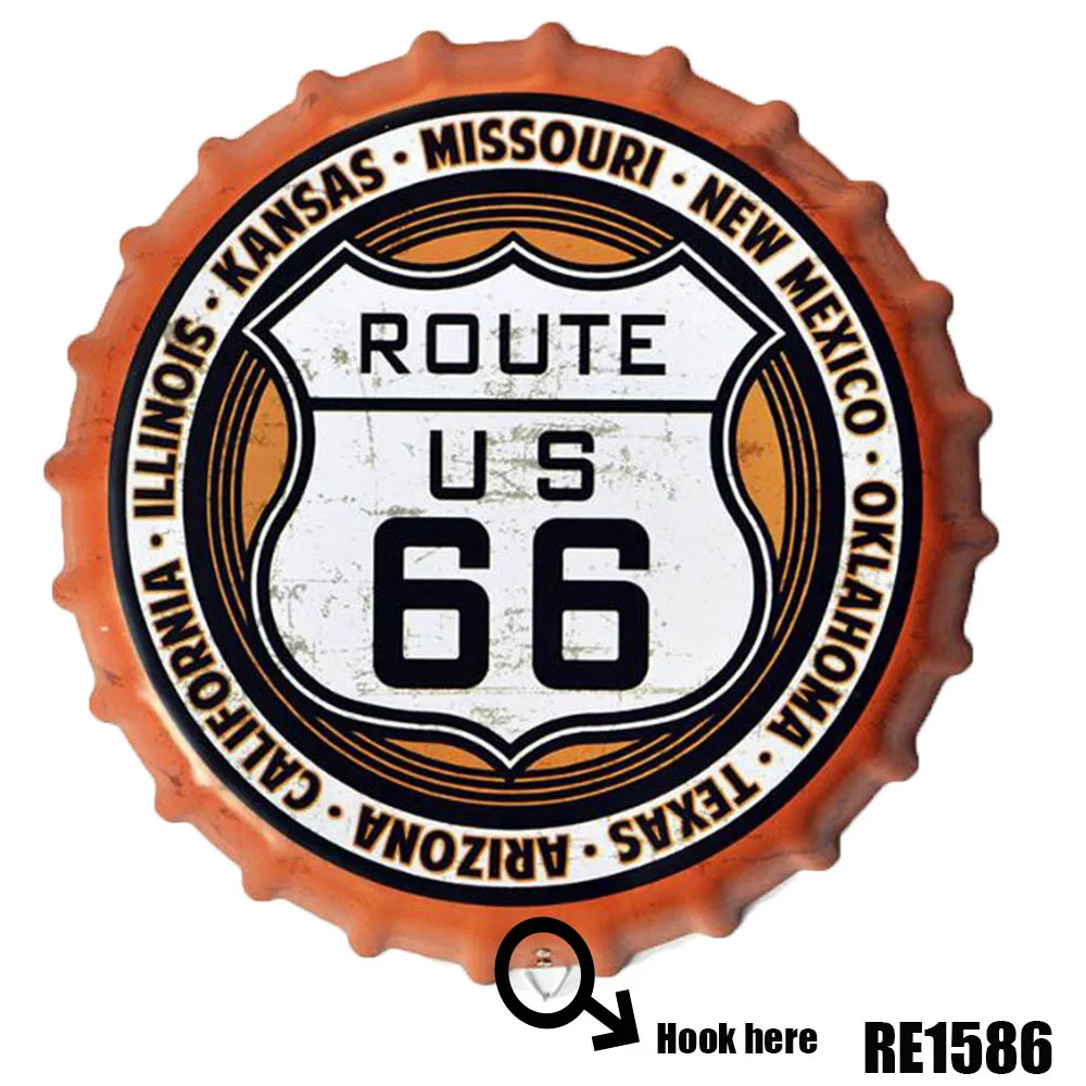 Route 66 винтажная крышка пивной бутылки Ретро табличка Настенный декор металлические жестяные знаки плакат комната бар украшение стены 35 см круглый металлический плакат
