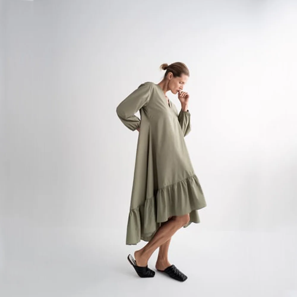 ZA осеннее Новое зеленое платье с v-образным вырезом модная женская одежда в европейском и американском стиле повседневное Свободное платье с рюшами отдых путешествия