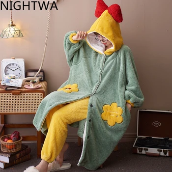 

NIGHTWA Winter Pajamas Set Home Sleepwears Warm Flannel Nightgowns Sets for Women Cute Cartoon Hooded Long Sweet Flannel 2pcs