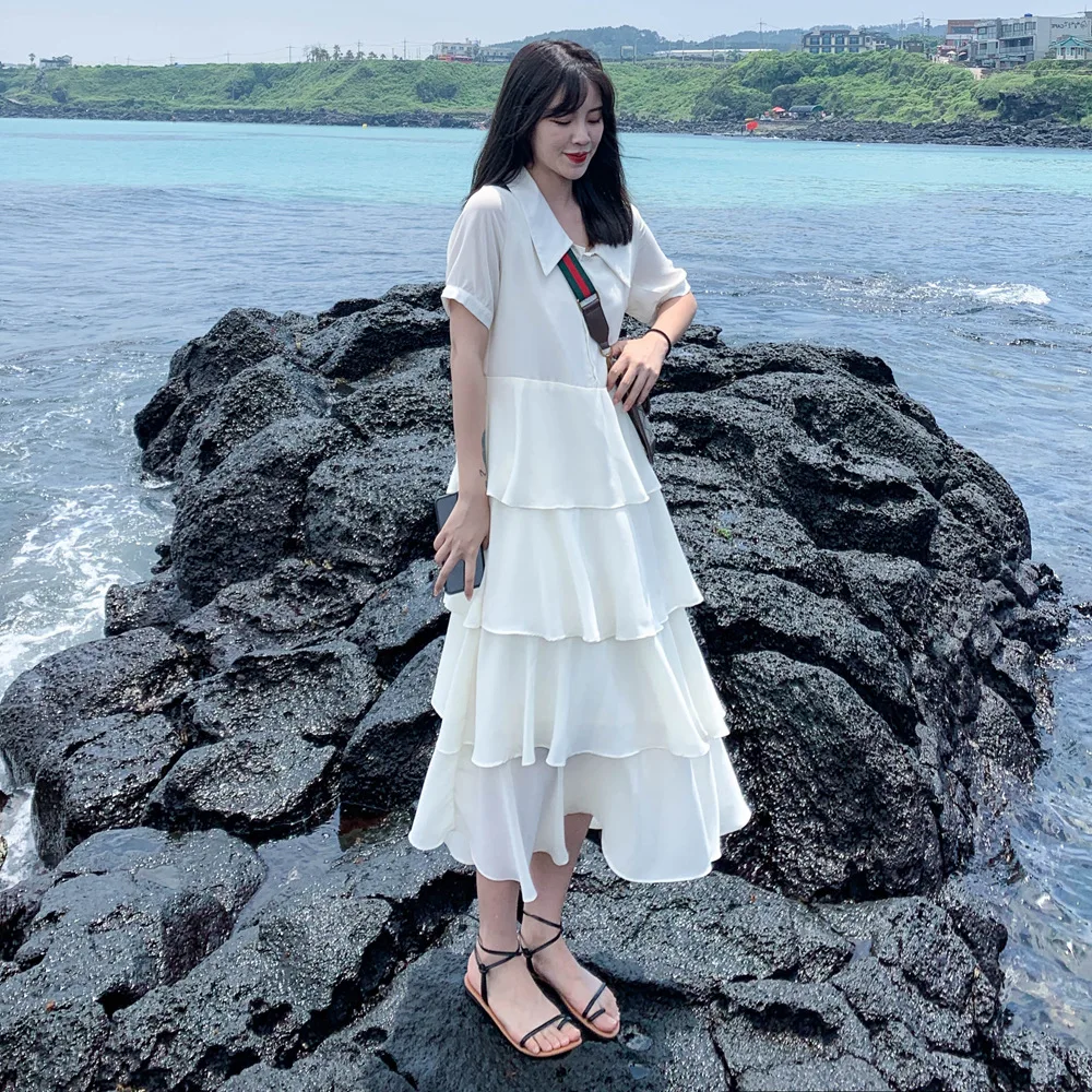

Korean-style Peter Pan Collar Fashionable Cake Dress 2019 Summer New Style WOMEN'S Dress Retro CHIC-Style Chiffon Shirt Dress