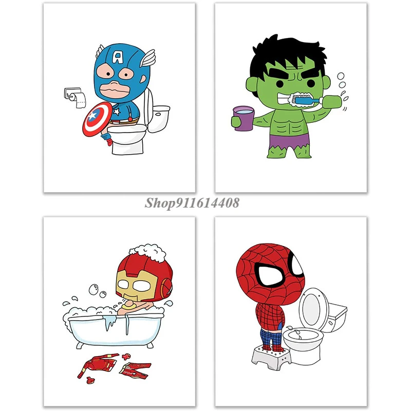 Canvas Painting Marvel Cartoon Hulk Brush Teeth Spiderman Bath Wall Art  Picture Poster And Prints For Kid Living Room Home Decor - Painting &  Calligraphy - AliExpress
