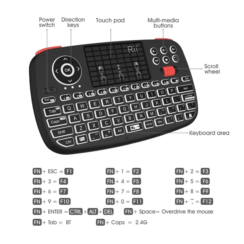 Rii i4 Bluetooth клавиатура, портативная мини беспроводная клавиатура с QWERTY клавиатура с задней подсветкой, тачпад для Apple iOS/Android/Window