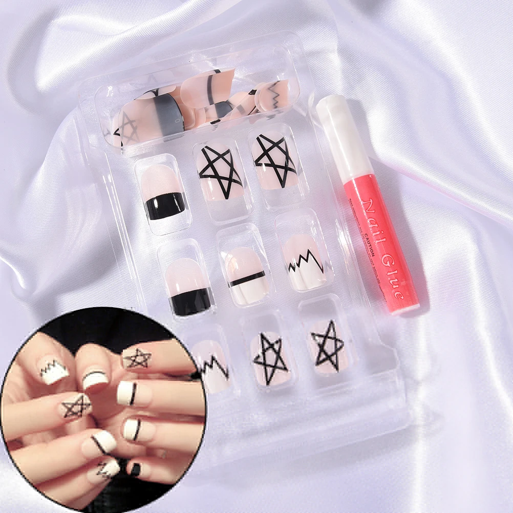

AACAR 24pcs Manicure Short French Style Five-pointed star square head long lasting False Tips Fake false Nails Decor DIY Tool