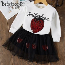 Bear leader/платья для девочек; Новинка; модное платье принцессы с длинными рукавами; детское платье из клубничной пряжа с пайетками; праздничная одежда для девочек