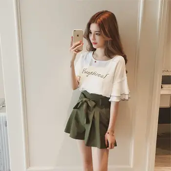 

Fashion Summer 2 Piece Set Women O-Neck Letter Print Short Petal Sleeve Tops And Shorts Sets Casual Sweet Lady Streetwear Suit