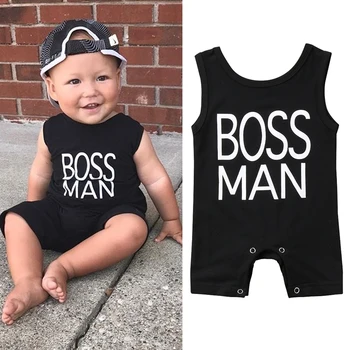 

0-24M Newborn Baby Boys Sleeveless Boss Man Print Romper Black Jumpsuit Clothes Outfit