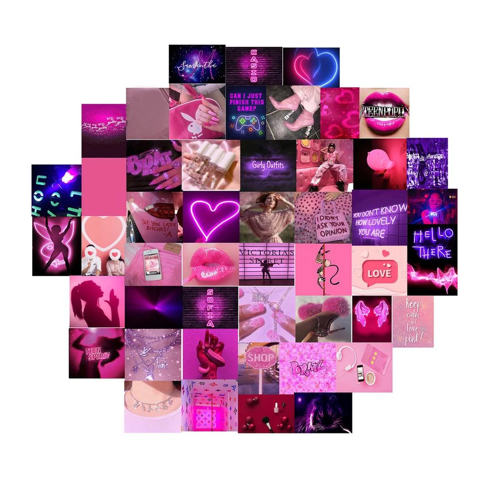 50pcs Photo Collage Kit Cute Girl Pink Aesthetic Postcard Cute Car Rose Flower Poster For Indie Bathroom Girl S Room Decoration Wall Stickers Aliexpress