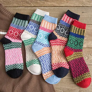 

5 Pairs Women Socks Warm Winter Thick Wool Vintage Geometry Printing Comfortable 40JF
