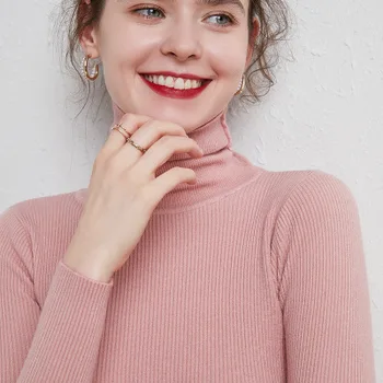

2020 New women's T-shirt solid color turtleneck sweater fit