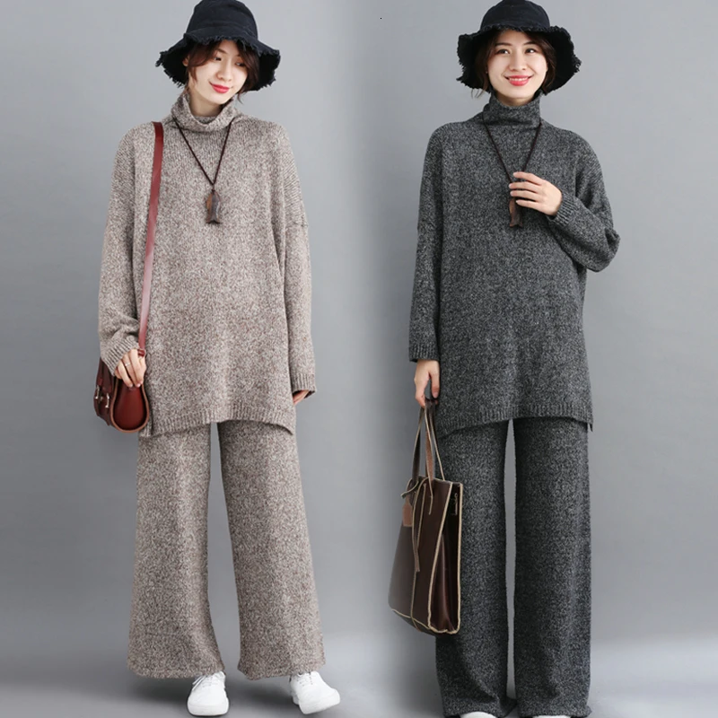

[EWQ] 2020 Spring Autumn New Pattern Turtleneck Collar Long Sleeve Solid Knitting Two Piese Set Women Fashion Tide AK00915