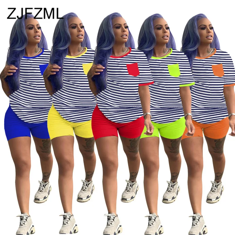 

Casual 2 Piece Outfit Summer Clothes For Women Striped Spliced Short Sleeve T Shirt Biker Shorts Sexy Lounge Wear Two Piece Set