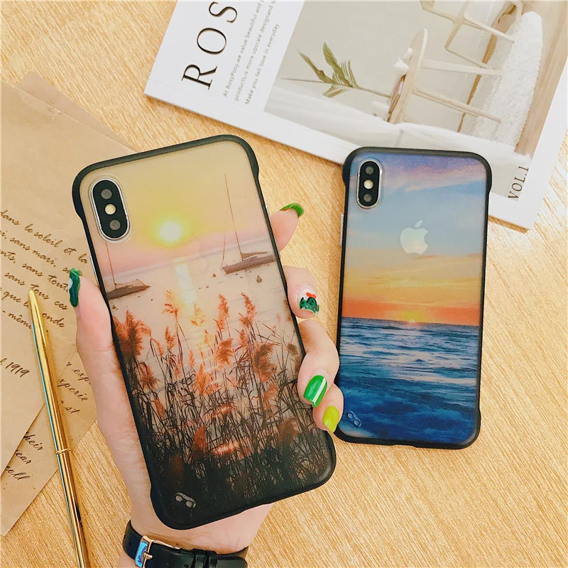 

Sea sunset scenery Phone Case For iphone XR X XS Max Case For iphone 7 8 6 6s Plus Frameless Hard PC phone Cover