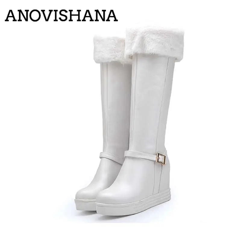 

ANOVISHANA woman platform winter snow boots fur warm plush wedge knee high boots booties height increasing round toe botas mujer