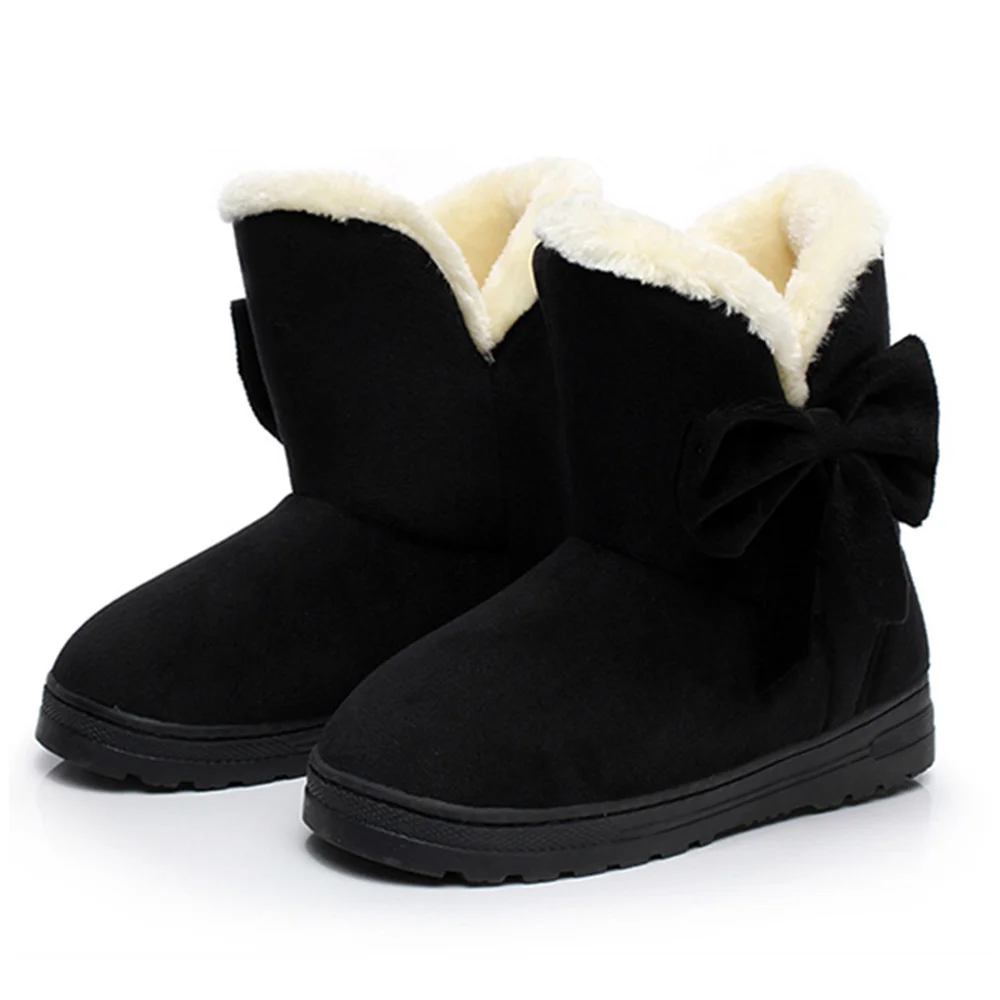 Модные женские ботинки; теплые плюшевые однотонные замшевые зимние ботинки с бантом на меху; повседневная женская зимняя обувь на плоской платформе без застежки - Цвет: Черный