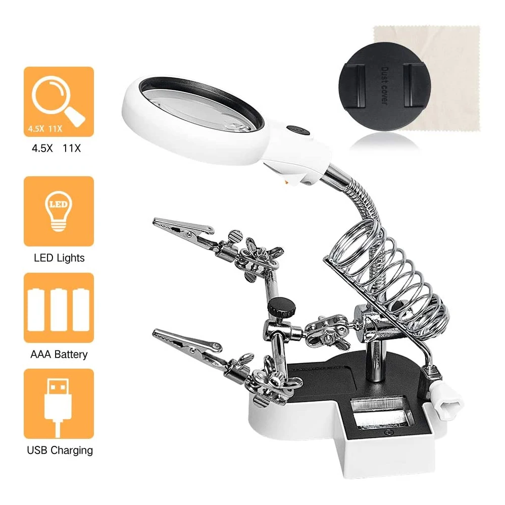 Soldering Iron Welding Magnifying Glass 2 LED 3X 4.5X 25X Helping Hand Rework Magnifier with 3 Tools Boxes Desk Station Repair