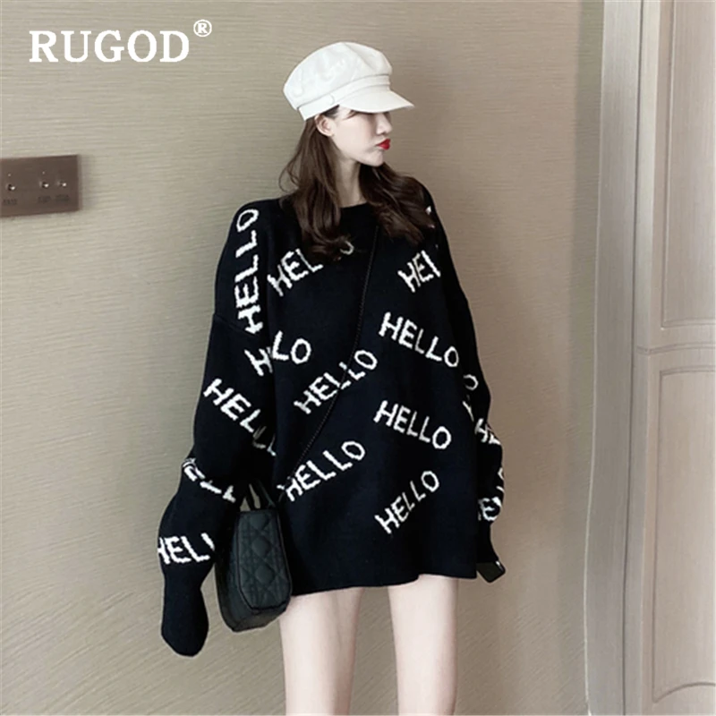 RUGOD модный вязаный свитер с буквенным принтом, женские винтажные свитера с круглым вырезом и длинным рукавом, женские пуловеры Auturm