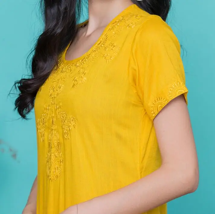 Новые женские модные комплекты в этническом стиле хлопок Индия Kurtas короткий рукав длинный желтый тонкий Топ Юбка