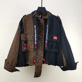

Loose Irregular Leopard Splice Letters Embroidery Hole Denim Jacket Women's Spring Stand Collar Zipper Jeans Jacket Ropa Mujer