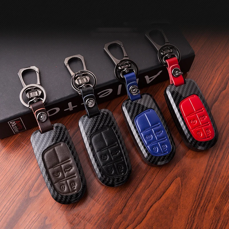 3pcs Carbon Fiber Key Fob Chain For Jeep Dodge Chrysler Remote Key Cover Case