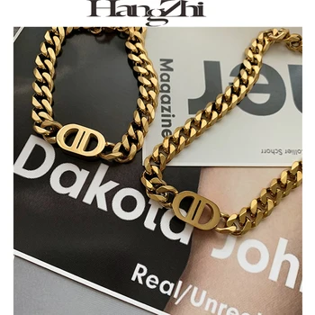 

HANGZHI 2020 New Hollow DD Letter Design Exaggerated Retro Titanium Steel Thick Chain Choker Necklace For Women Girls Jewelry