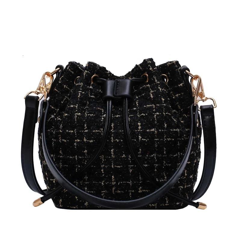 Herald модная шерстяная сумка-мешок, Женская клетчатая сумка на плечо, женская зимняя сумка, маленькая сумка через плечо, Женская одноцветная сумка, сумочка - Цвет: Черный