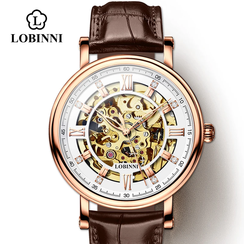 LOBINNI, часы с римским циферблатом, мужские,, Relogio Masculino, автоматическая передача, механические бренды, сталь, Orologio, кожа, стоимость, наручные часы - Цвет: Brown-Rose-White