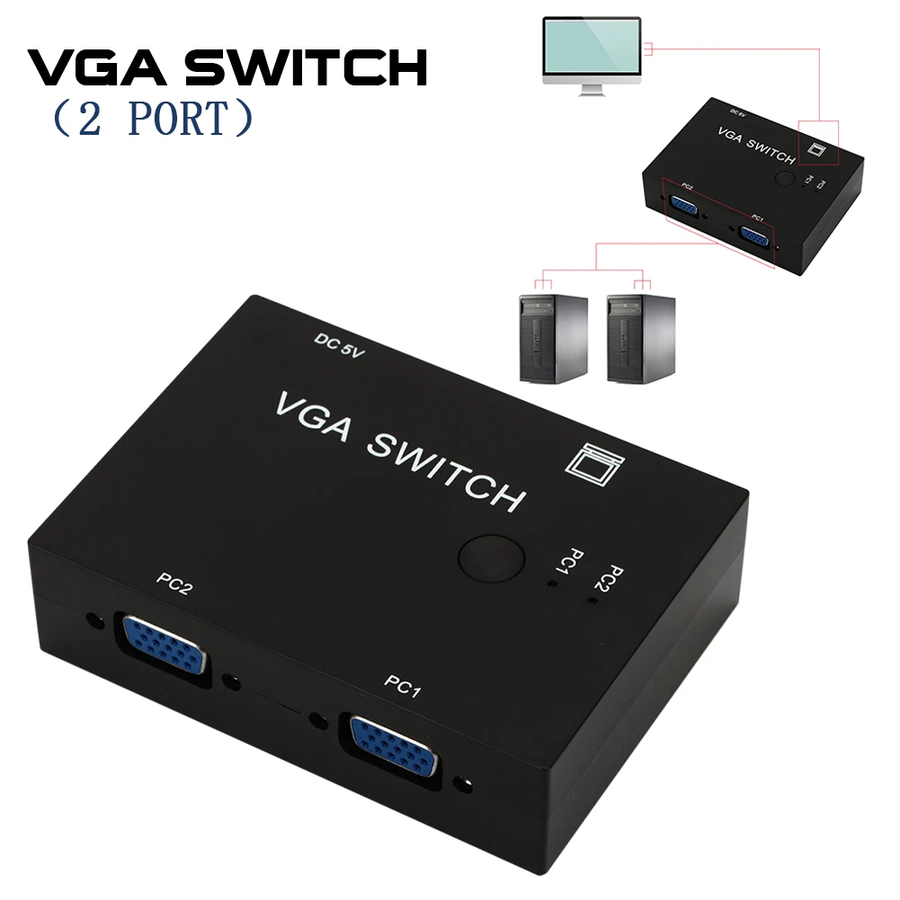 Ofertas Especiales Interruptor VGA de 2 puertos SVGA, conmutador de Audio y vídeo, 2 puertos en 1, pantalla de visualización, 2 Entradas + 1 salida, formato múltiple, compatible con Control de botones exoyJYXEy