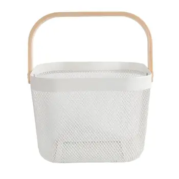 

Wood Handle Metal Net Basket Snacks Fruit Vegetable Basket Home Hollow Storage Organizer for Picnic Shopping