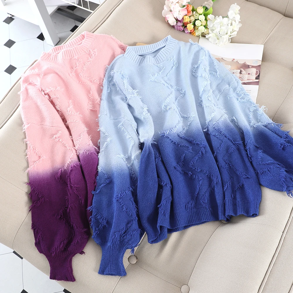

SKOONHEID Autumn Women Tassel Knitting Tops Lantern Sleeves Ladies Gradient Stylish Pullovers Half-High Collar Knitted Sweaters