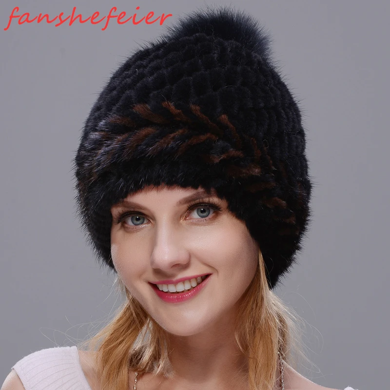 

New Fashion Winter Ear Warm Women Knitting Cap Real Natural Mink Hats Two-color Match Cross-weave With Fox Fur Pompom On The Top