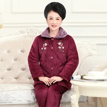 

Middle-aged and Elderly 2PCS Keep Warm Lady Pajamas Sets Sweet Embroidery Flower Nightwear Thicken Sleepwear Winter Home Clothes