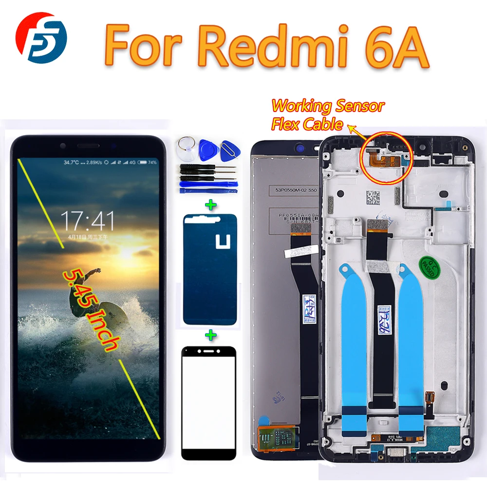 Протестированный 5,45 дюймовый сенсорный экран для Xiaomi Redmi 6A/Redmi 6, ЖК-дисплей, дигитайзер в сборе, рамка со стеклянной пленкой и инструментами