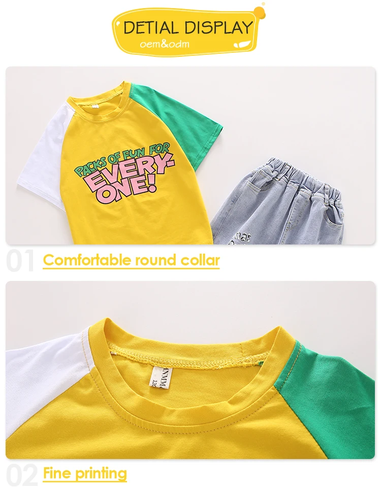 Girls Matching Two 2 Piece Outfits Clothing Denim Jean Shorts Color Block Matching T-Shirt And Jeans Clothing Set