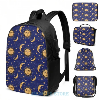 

Graphic print Vintage moon and sun stars celestial USB Charge Backpack men School bags Women bag Travel laptop bag