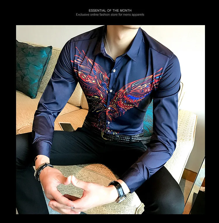 Роскошные Золотые рубашки с принтом Camisa MasculinaRopa De Hombre повседневные мужские рубашки Клубные рубашки дизайн Camisa Social Slim Fit